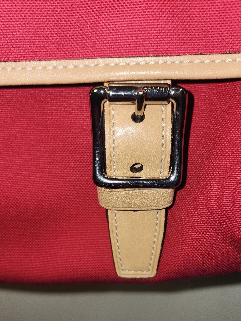 Coach Leather Red Canvas Messenger Bag Cream Trim Striped Accent Business Tote - Picture 8 of 16